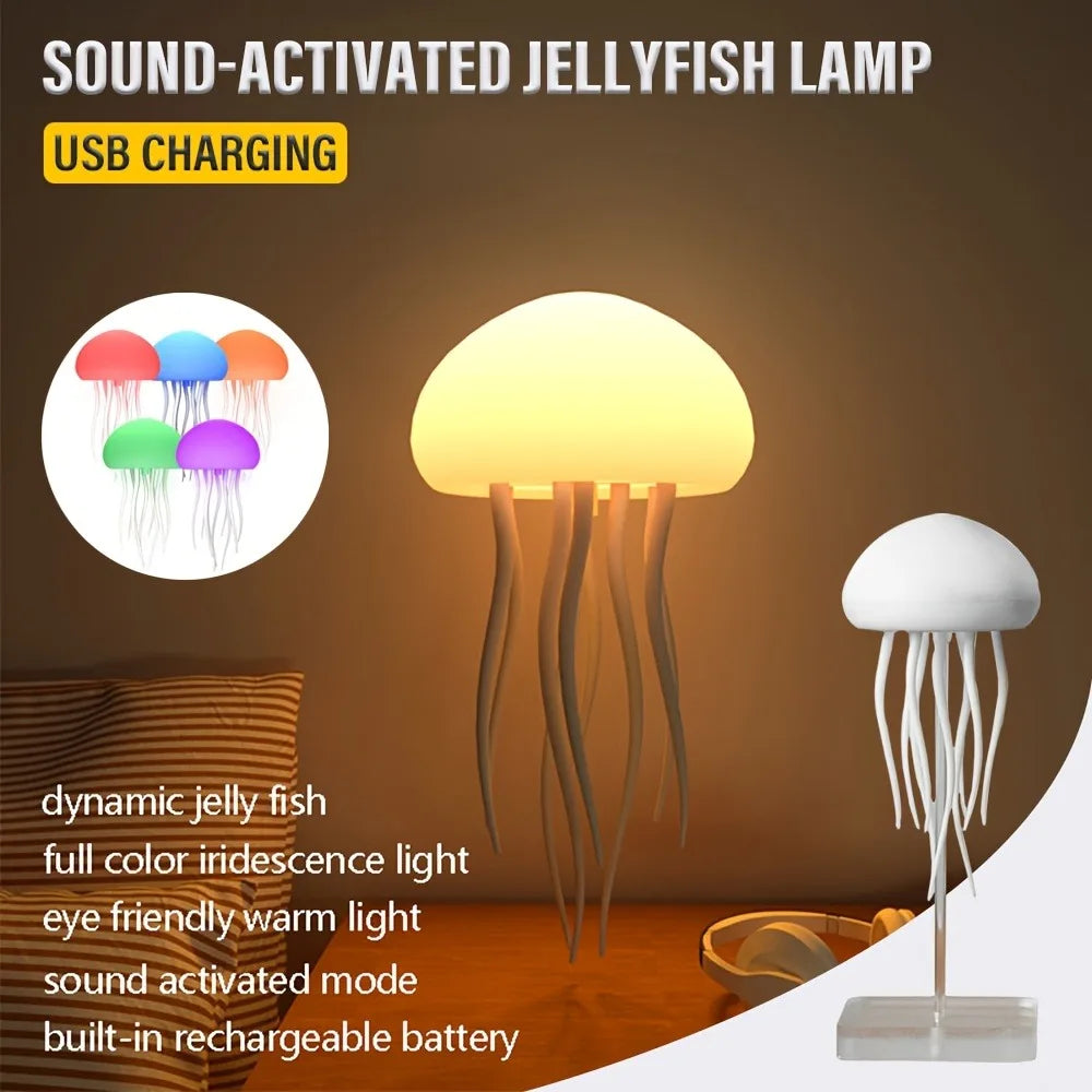 Jellyfish Night Light – USB Rechargeable Floating Lamp with Voice Control & 5-Color Lighting